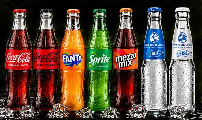 Glasflaschen Coca-Cola, Coca-Cola Zero, Fanta, Sprite, Mezzo Mix und Viva con Agua