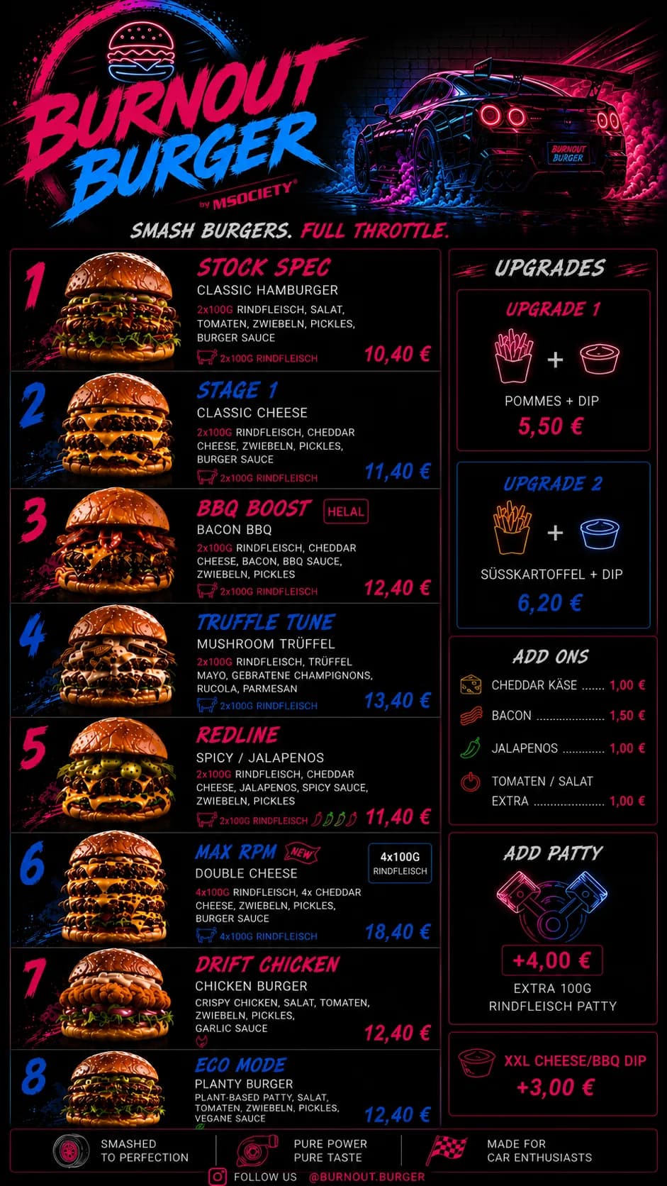 Gedruckte Speisekarte Burnout Burger mit acht Smash Burgern, Upgrades und Add-ons