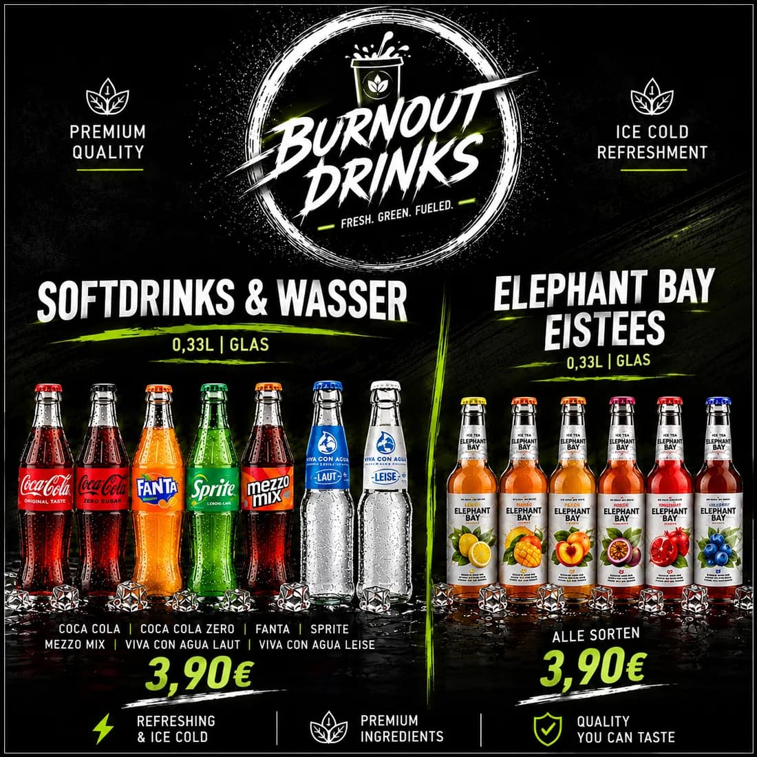 Gedruckte Karte Burnout Drinks mit Softdrinks, Wasser und Elephant Bay Eistees
